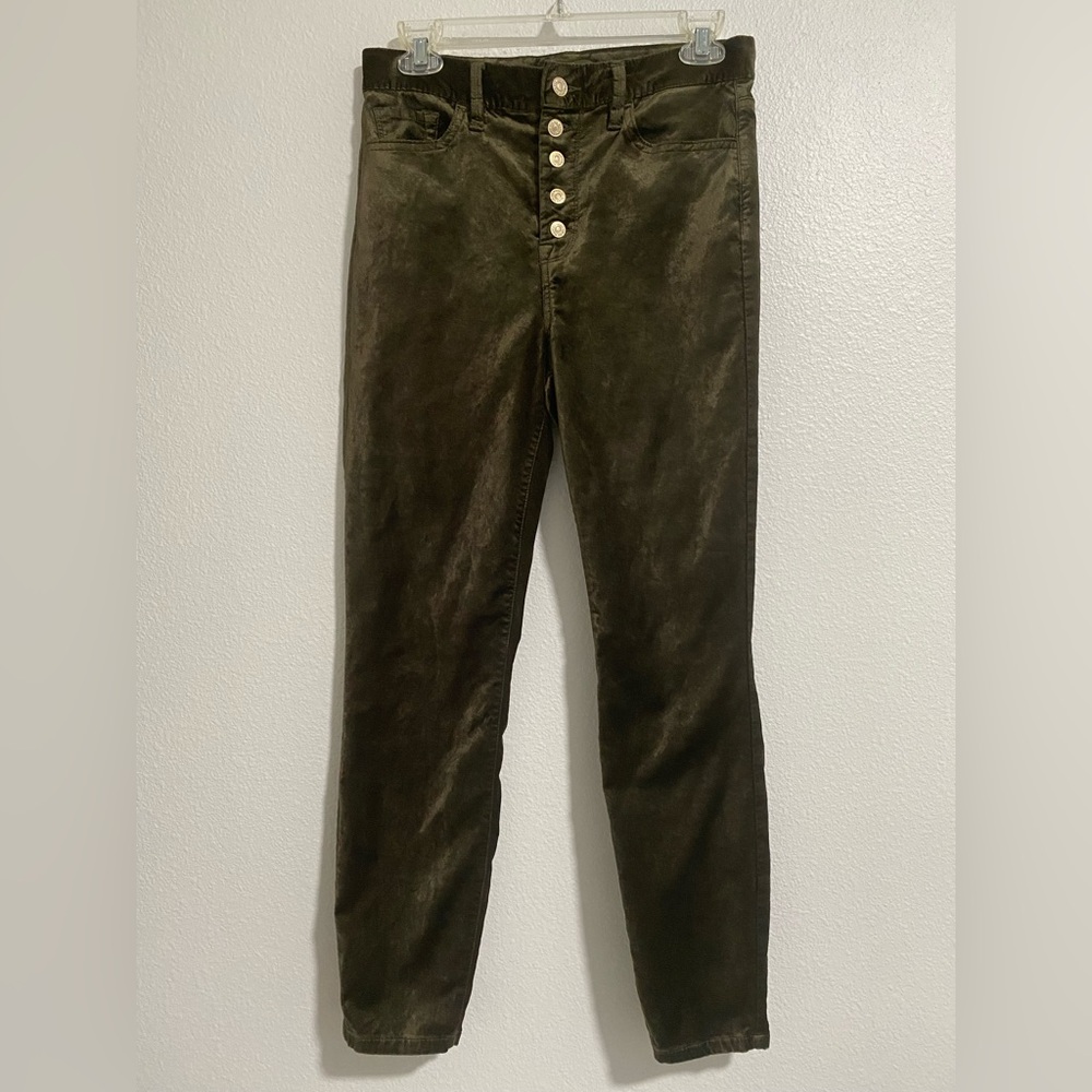 7 For All Mankind Olive Green Velvet High Waist Skinny Jeans sz 28 EUC MSRP $228